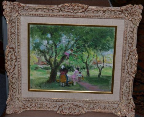 Jules R Herve (1887-1981) ''In the Orchard'', signed, inscribed verso, oil on canvas, 21cm by 26cm
