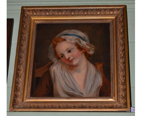 * Follower of Jean Baptiste Greuze (1725-1805) Portrait of a maid wearing a white bonnet trimmed with blue ribbon, head and s