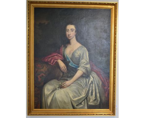 Follower of Francis Hayman (1708-1776) Portrait of a young lady wearing a grey satin dress and a red shawl, three quarter len