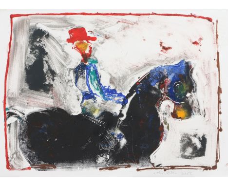 JOHN KIKI (BRITISH, BORN 1943). (d) Figure on Horseback wearing a Red Hat signed and dated '2002 (lower right) in pencil mixe