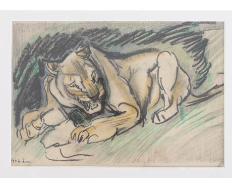 ELSIE MARIAN HENDERSON (BRITISH, 1880-1967). (d) Resting Lion signed in ink (lower left), pastel and watercolour 19 x 28cm (7