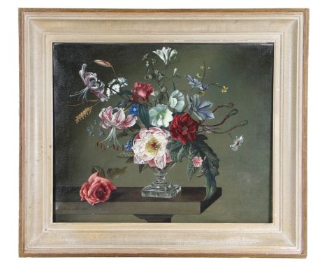 JOHN LANCASTER (BRITISH, 1913-1984). Still Life of Flowers signed and dated '1954 (lower left), oil on canvas 45cm x 56cm (17