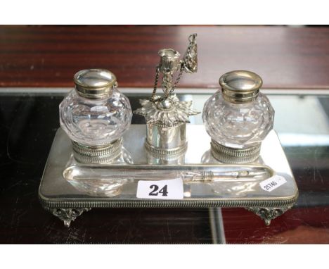 Victorian Silver plated Desk stand with a Pair of Facetted matching inkwells, Taper stand and Silver handled Quill, on rectan