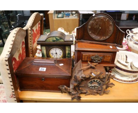 19thC Mahogany Sarcophagus Tea caddy, Black Forest Wall cuckoo clock, Tin Mantel clock, Jewellery drawer and a Smiths Oak Man