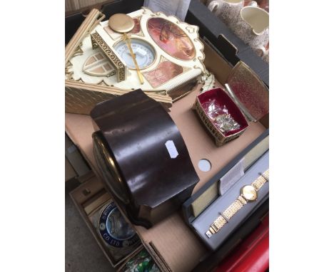 A box mantle clocks, wristwatches and a Bradfor Editions sculptured wall clock 