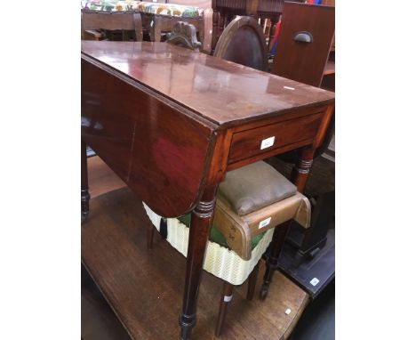 A 19th century mahogany pembroke table with single drawer, turned legs on ceramic castors.H73cm, W76cm, L44cm (max 88cm), Con
