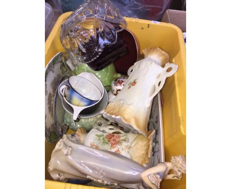 A box of pottery and ornaments to include glass bowl, ginger jar, plates, vases, figure, etc. 