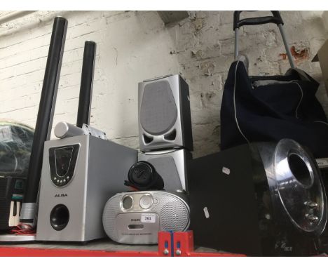 A group of electronics to include a Philips CD recorder, Ace SP2001 subwoofer, Alba speaker system, JBL boombox, pair of floo