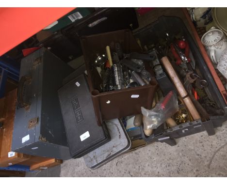 3 toolboxes with tools, 3 boxed tool sets, 8" vice, palm sander and a box of cutlery
