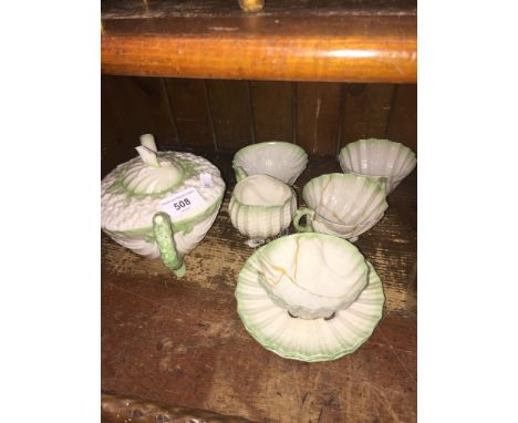 Belleek three part teaset (two cups broken)Condition: two cups with cracks and repairs, chip to sugar bowl, cracks to teapot 