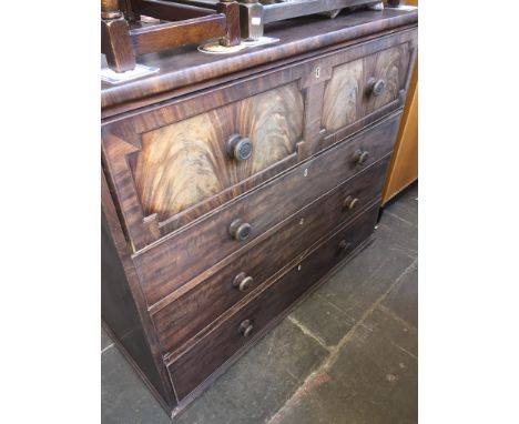 A mahogany Scotch chest of drawersCondition: feet lowered (chopped), chips to veneer both ends of top, fading in colour throu