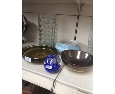 A collection of ceramic bowls including Carlton-ware &amp; Wigens, and a heavy glass vase and paperweight. 