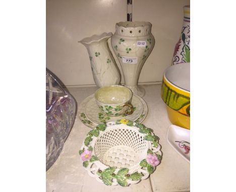 Belleek trio 3rd black mark & 3 other Belleek itemsCondition: two saucers and cup with black mark, one plate with crack, othe