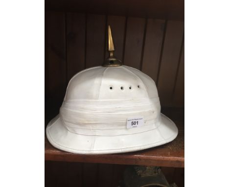 White canvas helmet with brass finial 