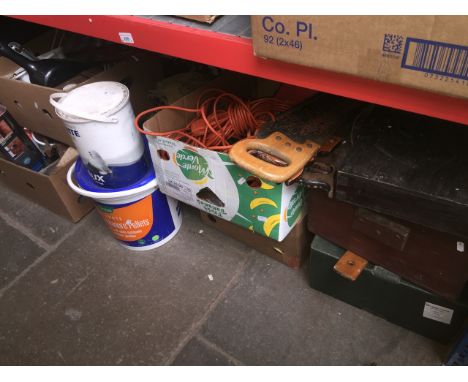 6 boxes and 2 wooden boxes of misc tools and electrical leads, brushes, sealant, etc, a tub of chicken manure pellets and a t