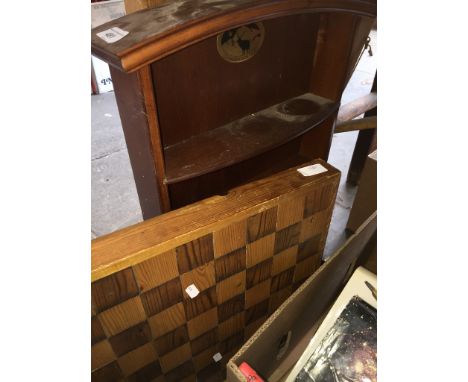 Wall hanging display shelves and a wooden draughtsman / chess board top. 