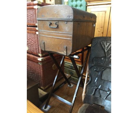 A butlers tray stand and a vintage metal trunk 