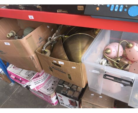 3 boxes of misc to include industrial lamps, brass light fittings with glass shades, etc. 