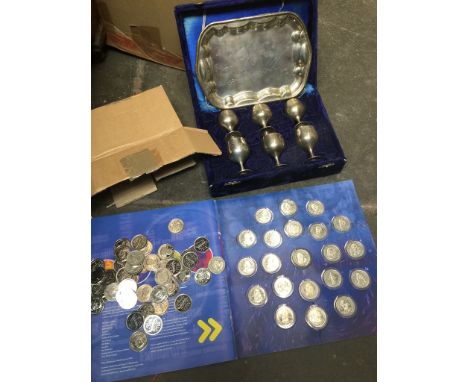Boxed tray and cups and some coins 