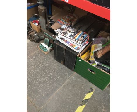 2 joiners toolbox, an anvil, a lathe bed, 3 small engineers vices, a box of assorted tools, motor and a box of Workshop model