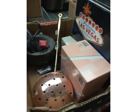 A box of misc to include Royal Doulton glass goblet, a pestle and mortar, copper chestnut roaster, Swiss army knife, money bo