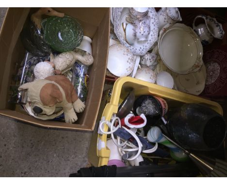 A crate and 2 boxes containing part coffee set, plates, china, ceramics, ornaments, glassware, vases, tripod, etc. 