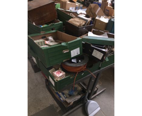 13 boxes + 4 wooden boxes + 3 metal toolboxes and multidrawer unit of misc tools and related items, a welder machine, a jet w