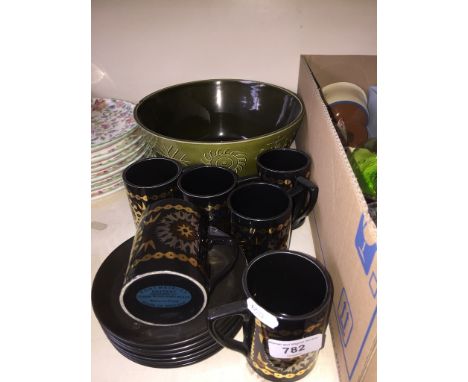 Six Portmeirion coffee cups and saucers - designed by Susan Williams Ellis, and a Portmeirion green bowl by the same designer