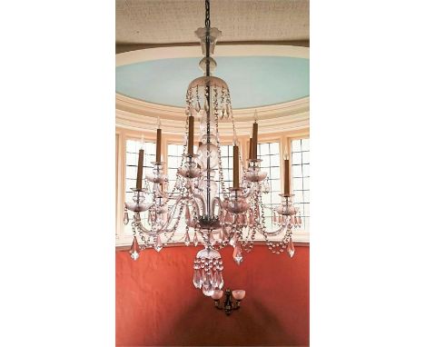 A Ten Branch two tier crystal glass Chandelier circa 1920's from an important local house, 82cm diam x 122cm ht