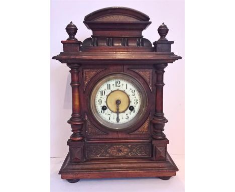 Victorian columned inlaid oak mantle clock, H.A.C 12 Day Strike, Made In Wurttemberg, Germany, sticker to inside rear flap.