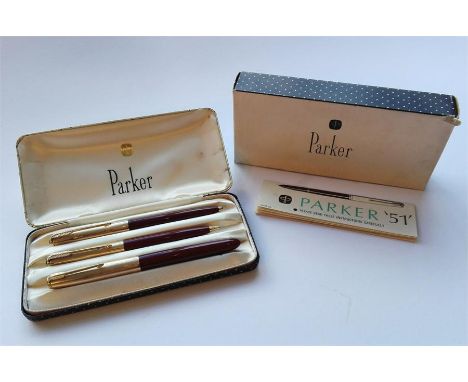 1965 Parker Pen '51' set, original box, maroon, 1/10 12ct R. Gold