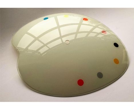 A Vintage curved glass ceiling light on chrome stem, resembling an artist palette