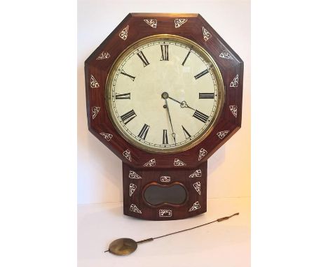 19th Century octagonal drop down rosewood wall clock inlaid Mother-of-Pearl; painted dial 12" diam; original hands; movement 