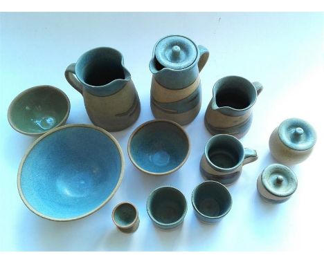 A collection of Cornish Studio Pottery, Blue (one green bowl), Alan Brough of Newlyn (apprentice to Bernard Leach) (12 in all