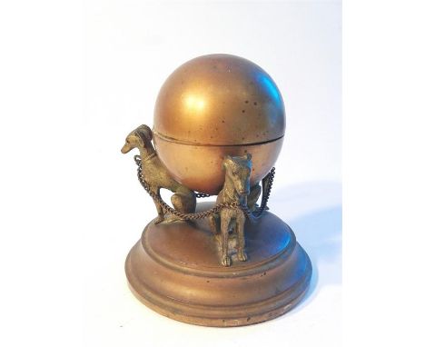 19th Century Victorian gilt metal inkwell in the form of a globe supported by three hunting dogs, on a circular plinth (porce