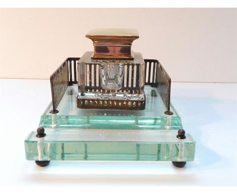 19th Century crystal and brass inkwell sitting in a crystal plinth on brass ball feet, 15cm l x 10cm h