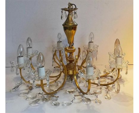 20th Century brass metal Chandelier, 8 branch, cut glass drops, 17" h x 25" diam 