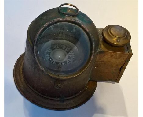 19th Century Kelvin & Hughes Ship's Brass Binnacle Helmet Nautical Compass with Oil Lamp