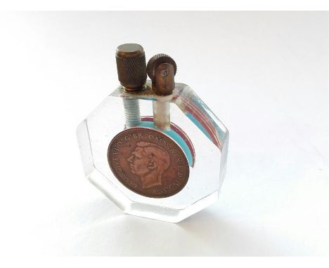 Vintage perspex lighter inset Half Penny to front & rear dated 1945