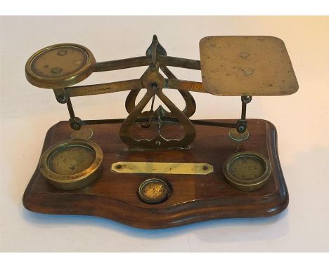 Victorian Post Office brass scales, (inc. three brass weights) 
