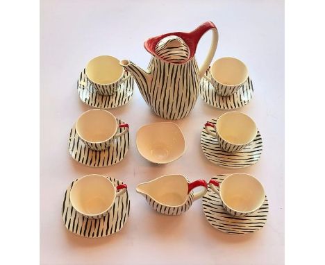 Vintage Midwinter Jessie Tate 'ZAMBESI' Coffee Set 12 - 59, circa 1956, unused condition comprising coffee pot, creamer, suga