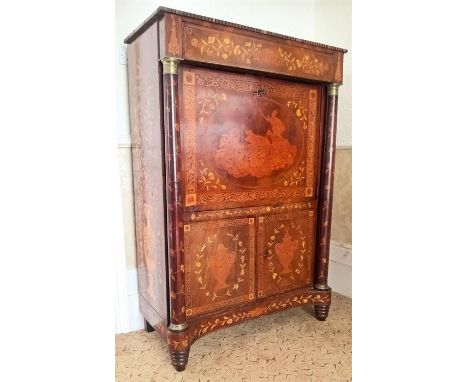 19th Century French Empire Secretaire profusely inlaid to front, sides, columns and interior;  the fine inlay to the front de