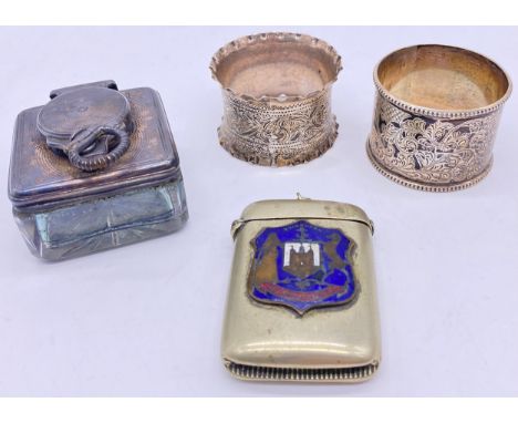 Two sterling silver napkins rings, sterling silver topped inkwell together with Edinburgh E.P.N.S vesta case[napkin rings - 4