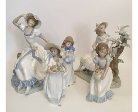 Collection of Five Nao  Figures to include Girl Seated on a Log, , Dancing Lady, Flower Girl and Two Children.