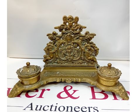 Antique French Baroque Repousse Gilt Brass Cherub Inkwell
