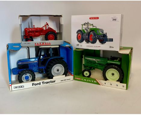 Four Cast Tractors Farmell, Supper A Tractor, with 936 model Ford model 6640 and Oliva 1555.