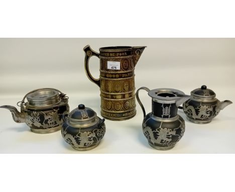 Vintage Wen Hua Shun Pewter and Ceramic Tea Set with pitcher