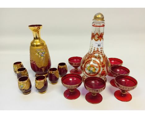 Antique Bohemian Ruby Liquor hand blown decanter with glasses. Together with Vintage Cranberry Red decanter set.