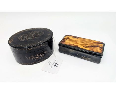 Georgian gold inlaid tortoise shell snuff box  [4.5x9cm] together with 19th Century tortoise shell and horn snuff box[9.2cm]