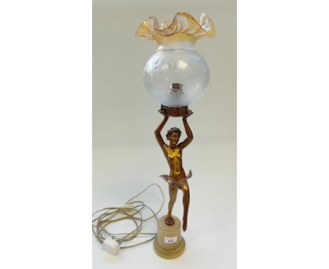 Art Deco gold painted enamel spelter dancing lady lamp on onyx plinth (Not original shade)